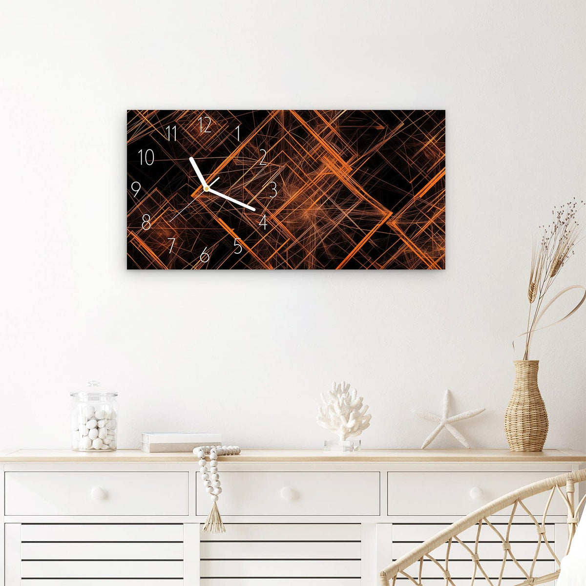 Wanduhr Geometrisches Muster Design aus Glas – Querformat 60 × 30 cm – Orange Linien auf Schwarz