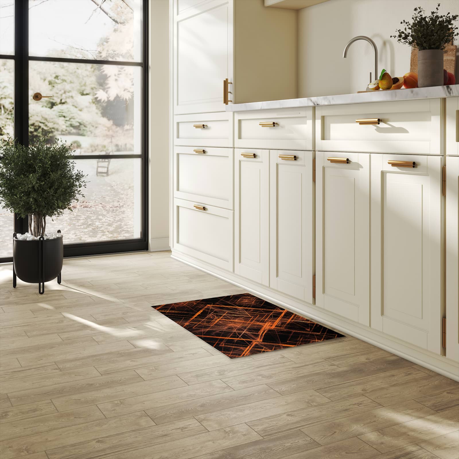 Bodenschonender rutschfester Küchenteppich mit Motiv Muster des Geometrisches in heller Küche