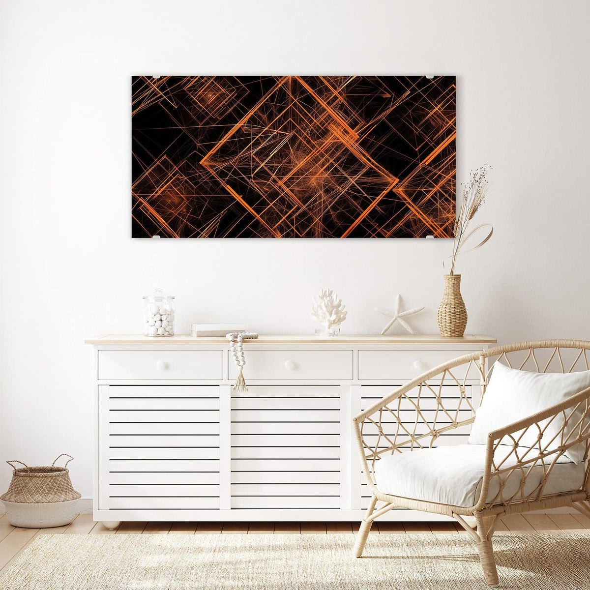 Echtglas, 4 mm – kein Acryl, keine Folie – Wandbild - Orange Lichtlinien - Querformat
