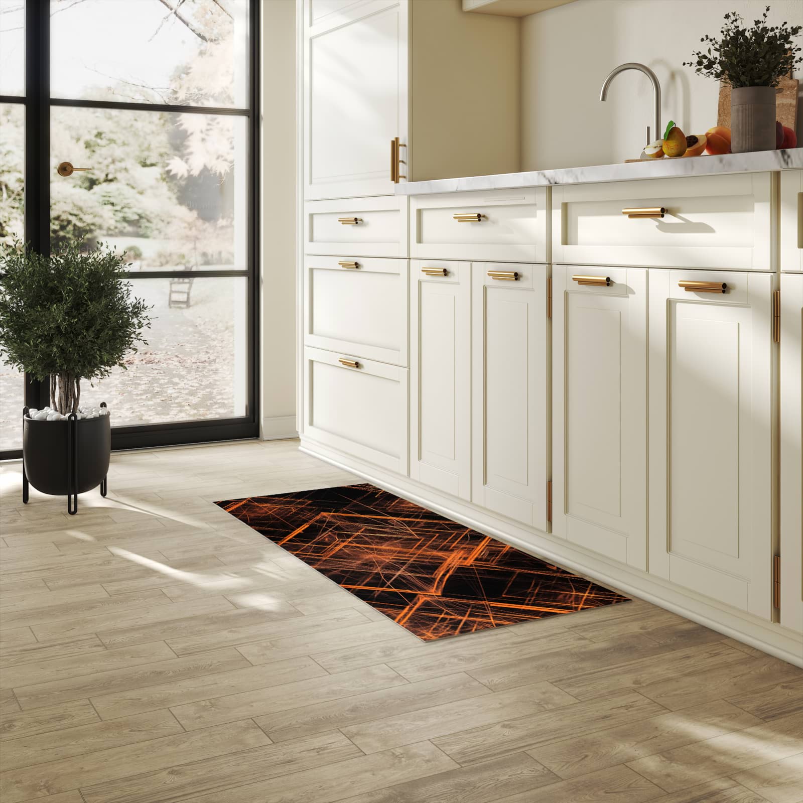 Langlebiger Bodenläufer mit Motiv Muster des Geometrisches in heller Küche