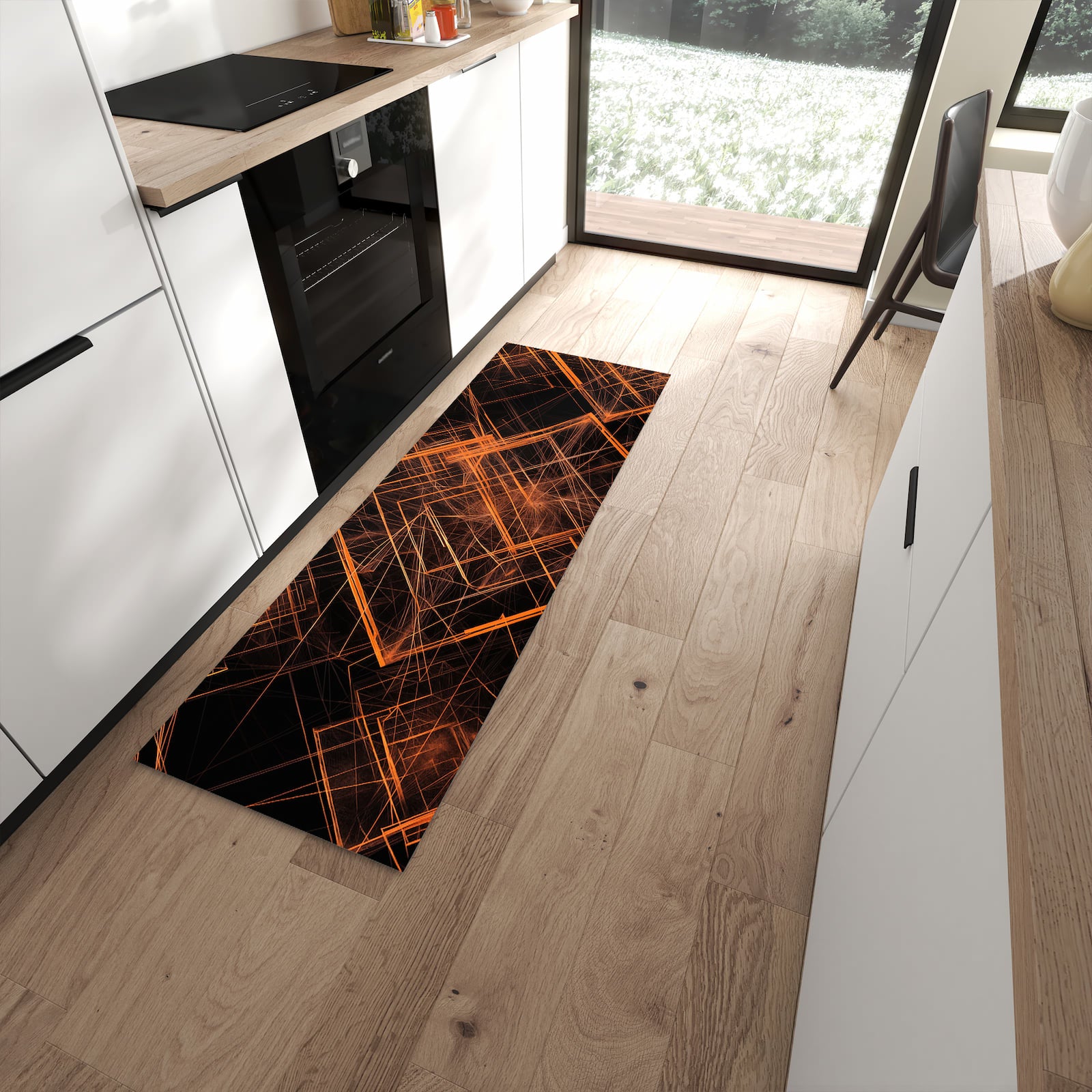 Wasserabweisender Teppich für Esstisch mit Motiv Muster des Geometrisches in moderner Küche