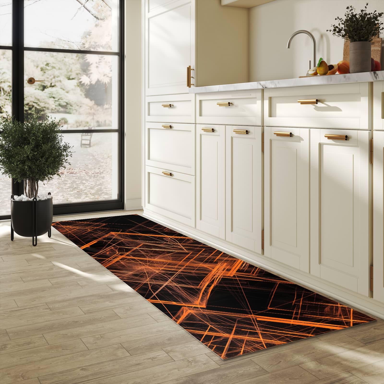 Waschbarer Küchenteppich mit Motiv Muster des Geometrisches in heller Küche für sichere Aufbewahrung