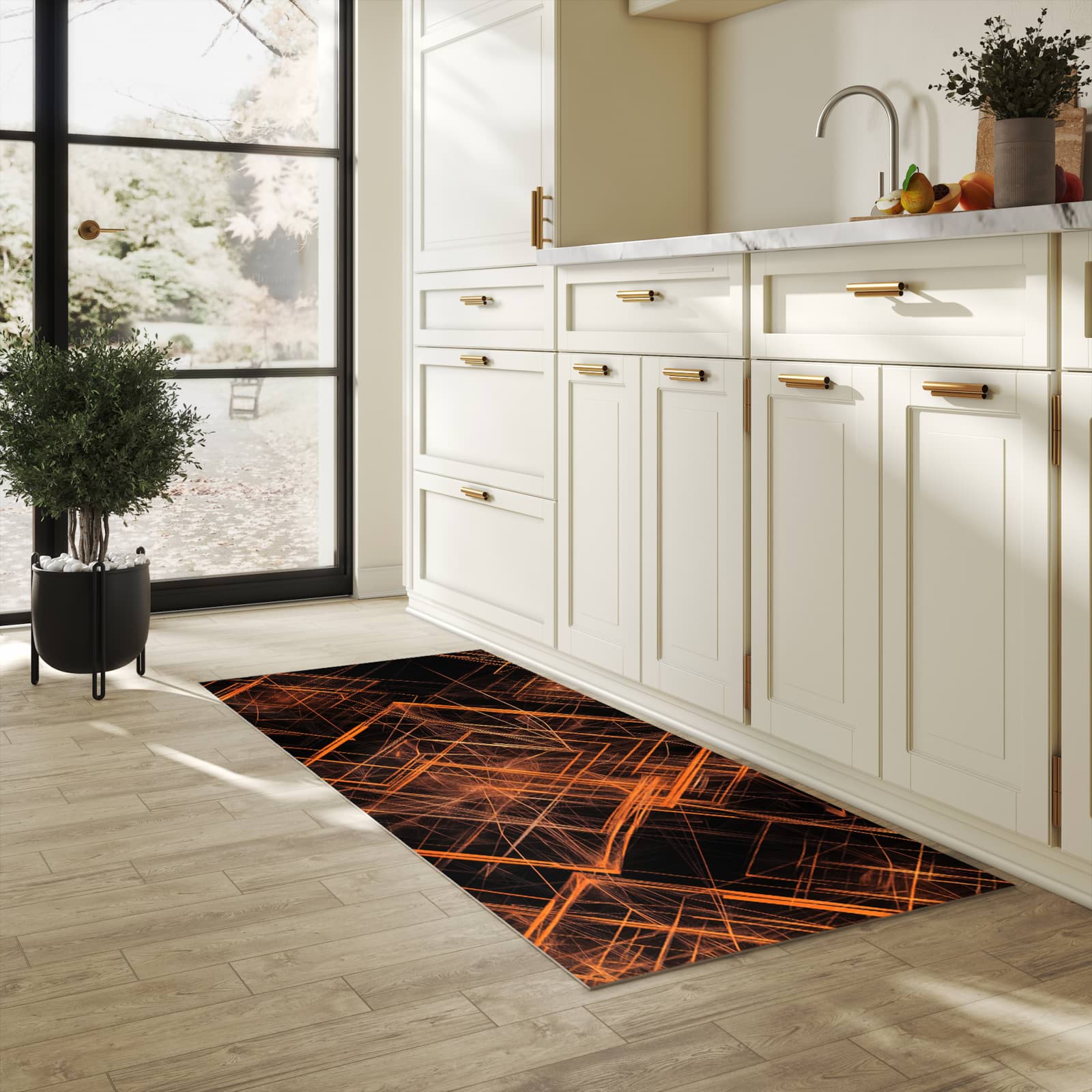 Farbbeständiger Küchenteppich mit Motiv Muster des Geometrisches in heller Küche