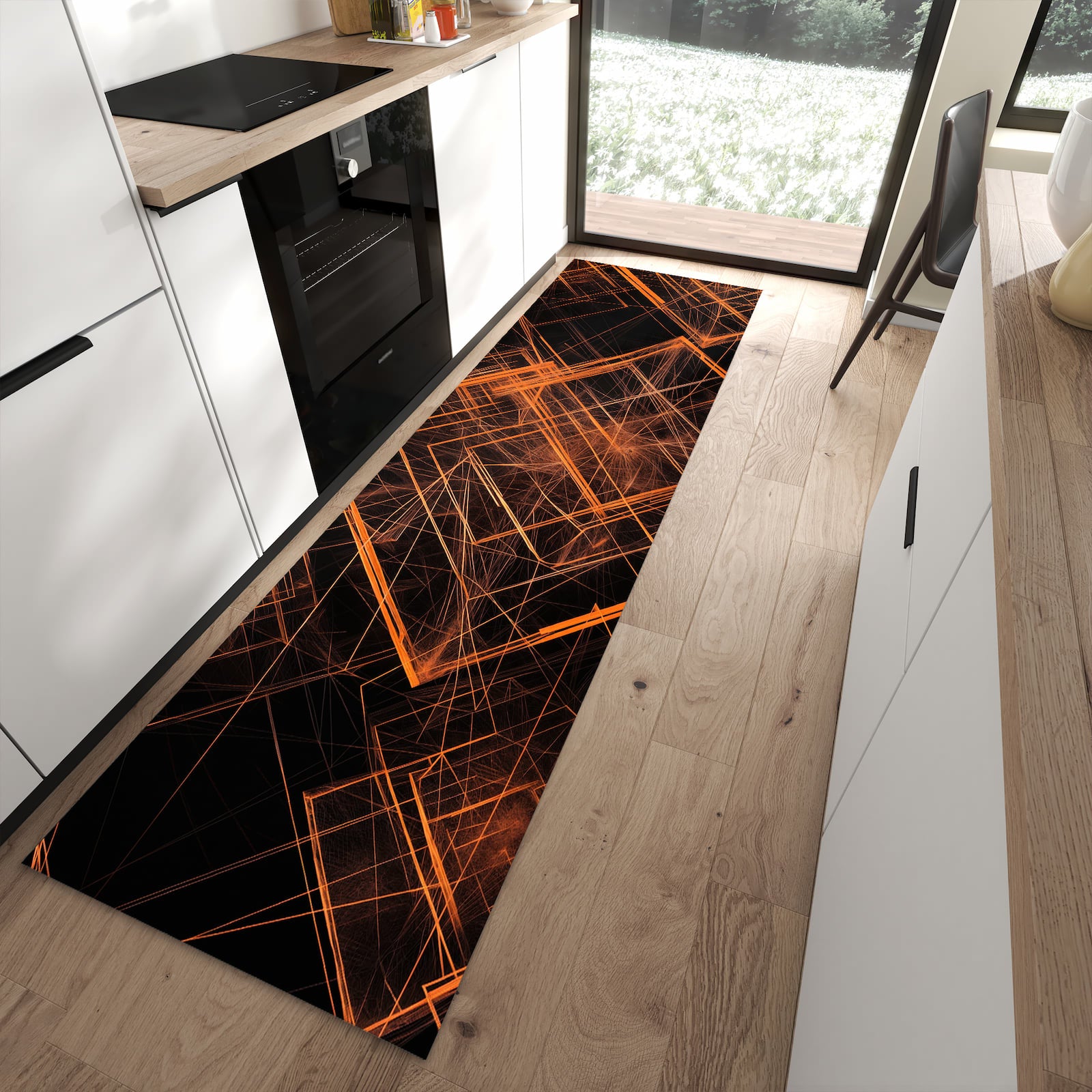 Komfortabler rutschfester Küchenteppich mit Motiv Muster des Geometrisches in moderner Küche