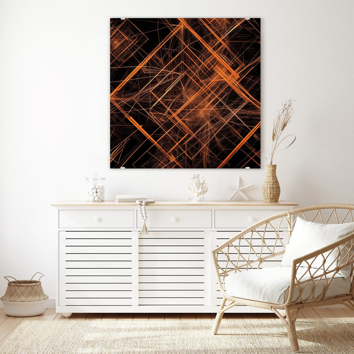 Glasbild Orange Lichtlinien an der Wand – leuchtende orange Linien und Gitter auf schwarzem Grund