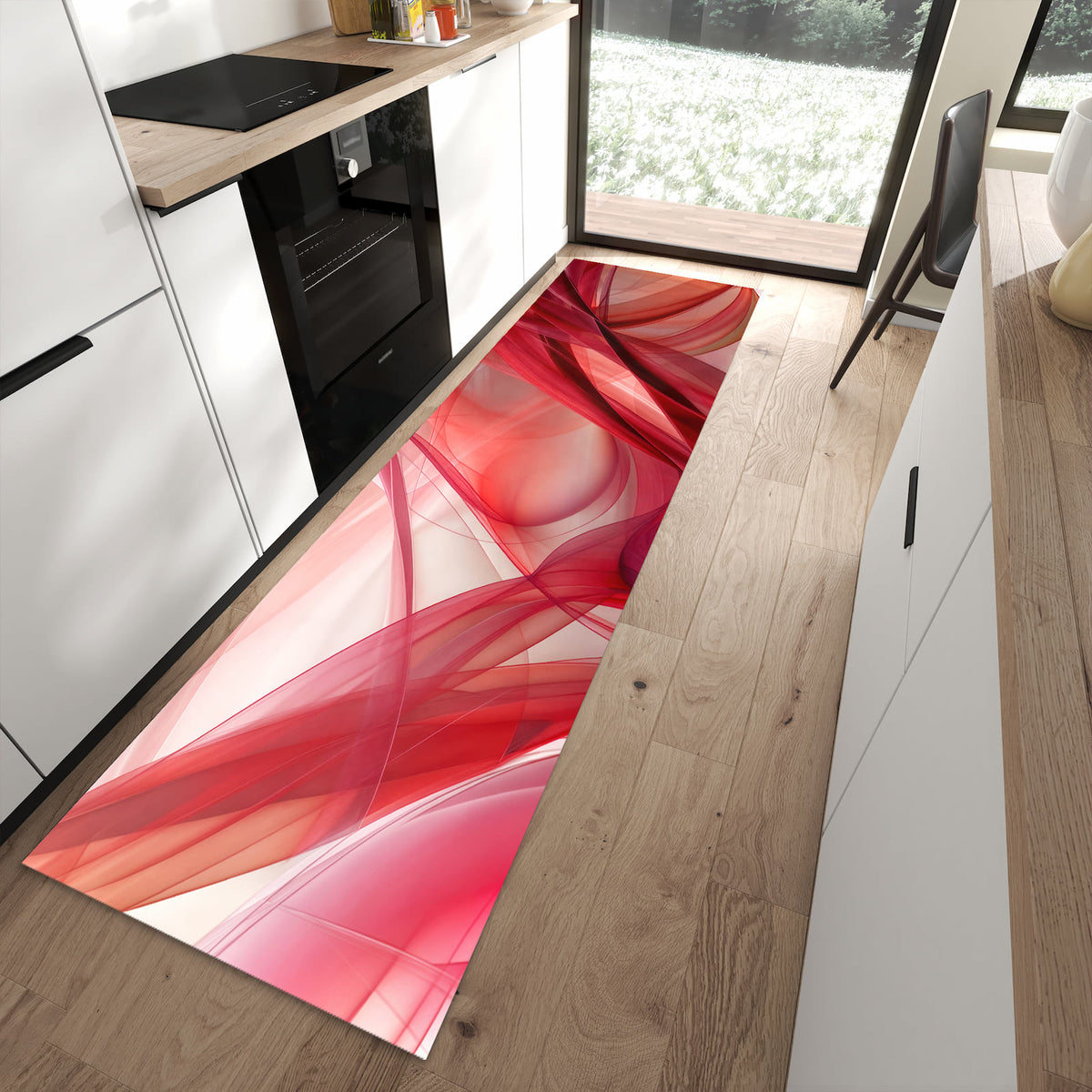 Küchenteppich Rote Schleier 80 × 280 cm vor der Küchenzeile auf hellem Holzboden