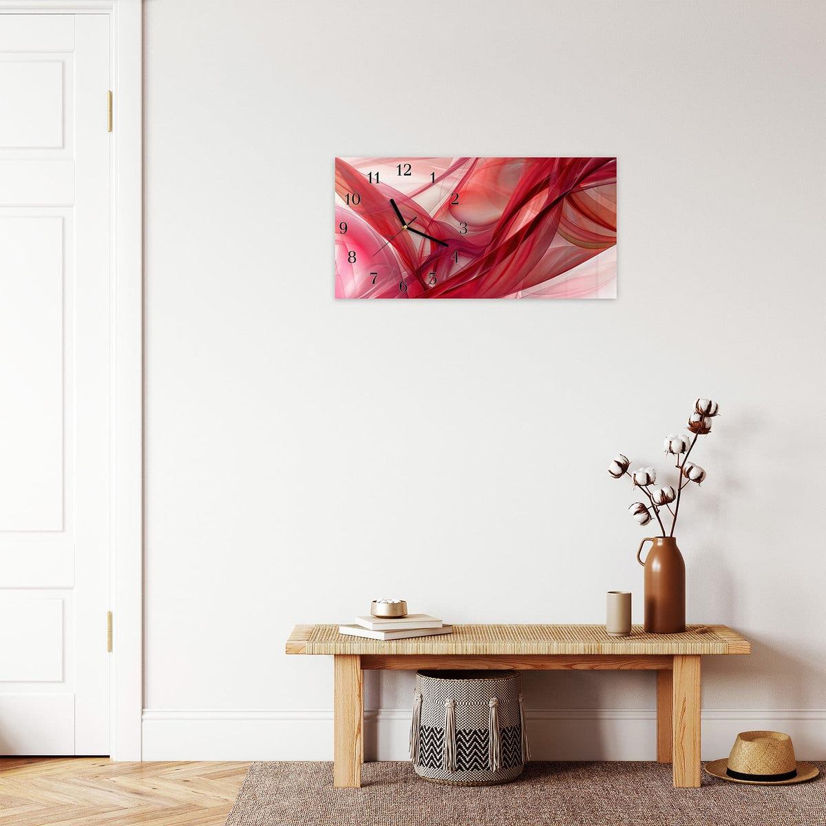 Moderne Wanduhr aus Glas mit Farbtiefe – Wanduhr Abstrakte Schleier aus Glas – Querformat 60 × 30 cm