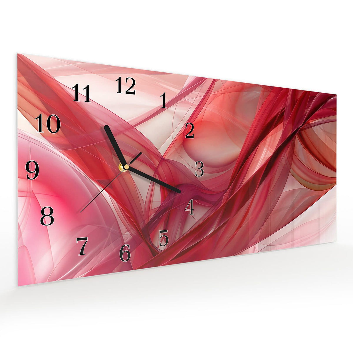 Vormontiert – mit Schwebeeffekt – Wanduhr Abstrakte Schleier aus Glas – Querformat 60 × 30 cm