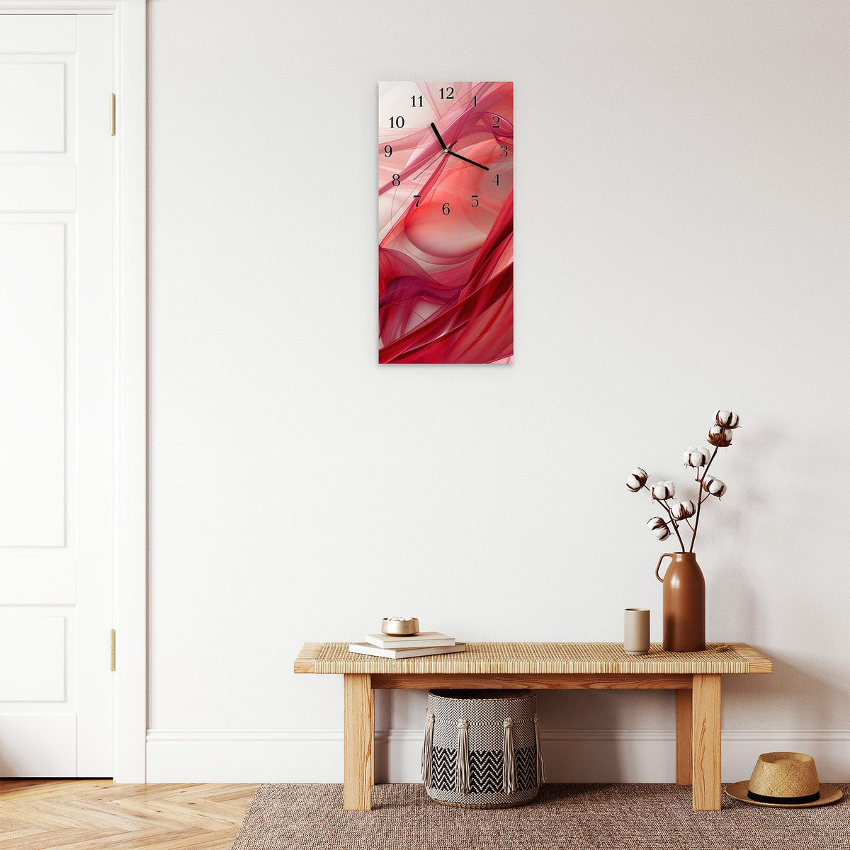 Moderne Wanduhr aus Glas mit Farbtiefe – Wanduhr Abstrakte Schleier aus Glas – Hochformat 30 × 60 cm