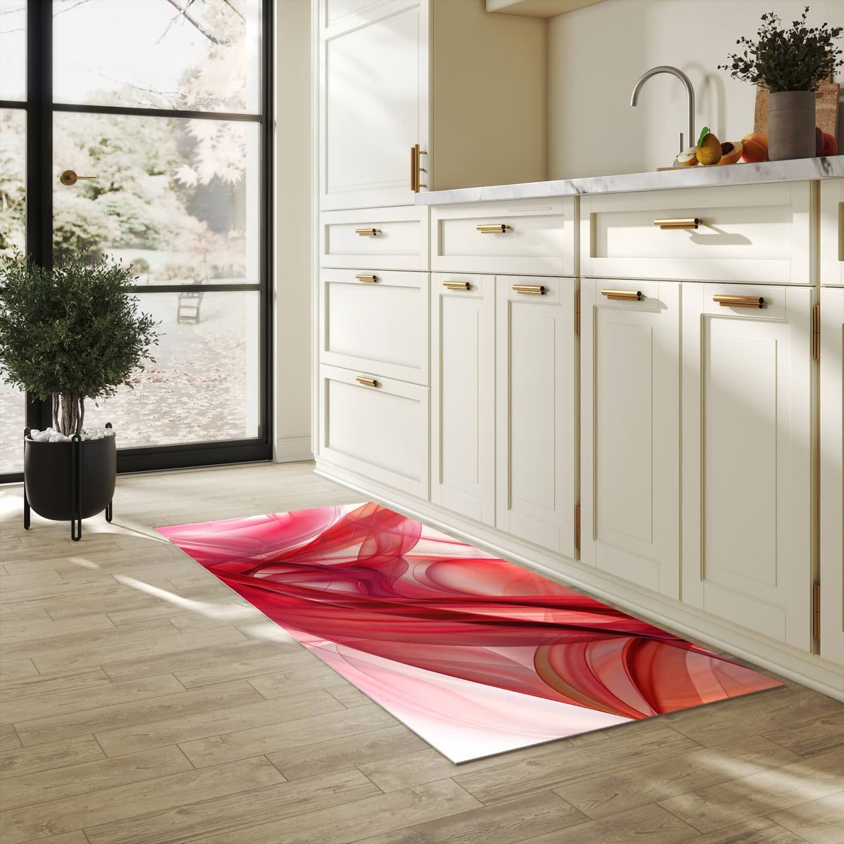 Küchenteppich Rote Schleier 80 × 200 cm in einer hellen Küche am Fenster