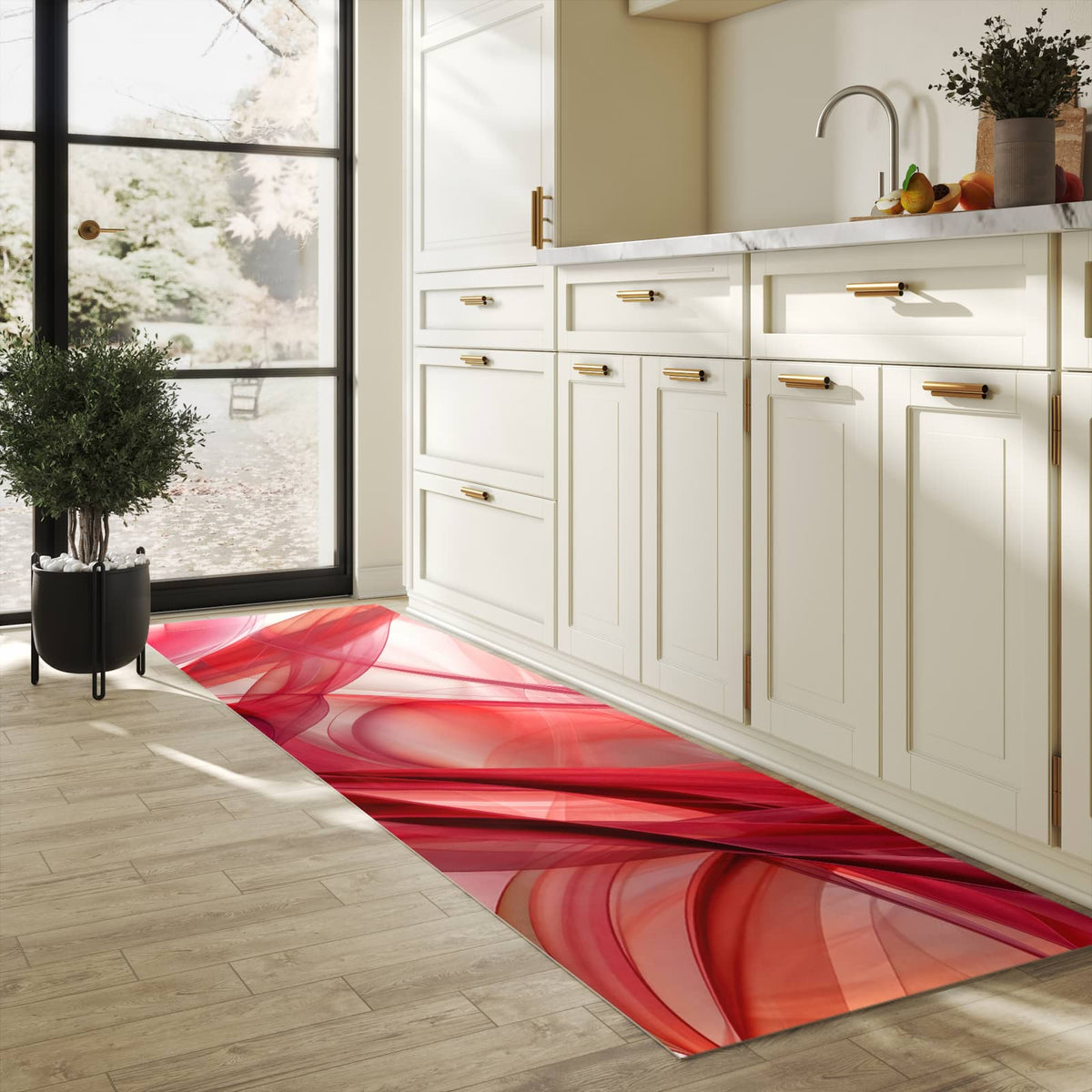 Küchenteppich Rote Schleier 80 × 300 cm in einer hellen Küche am Fenster