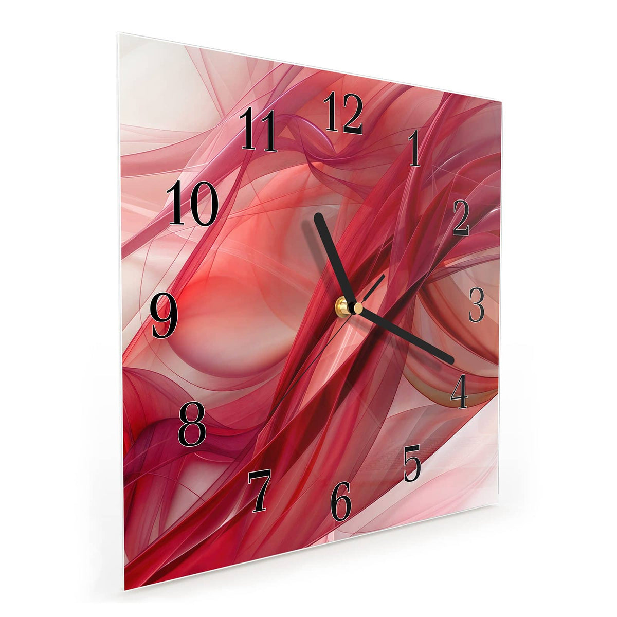 Quadratische Wanduhr aus Glas Rote Schleier schräg von der Seite, 4 mm starkes Glas