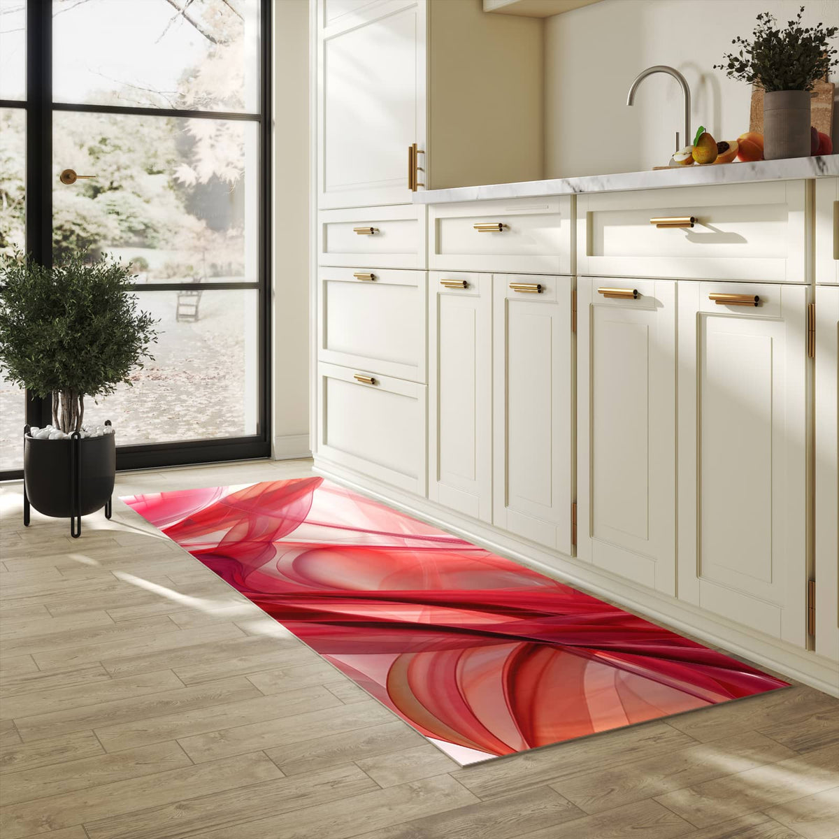 Küchenteppich Rote Schleier 80 × 250 cm in einer hellen Küche am Fenster