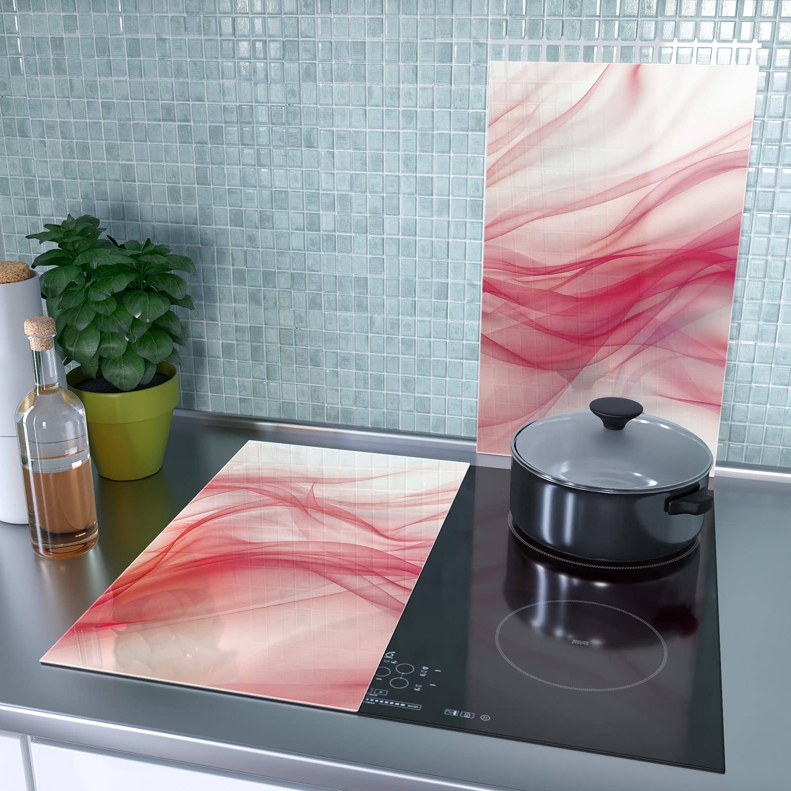 2-teilige Herdabdeckplatte aus Glas mit Seidenschleier-Motiv als Spritzschutz hinter dem Kochfeld