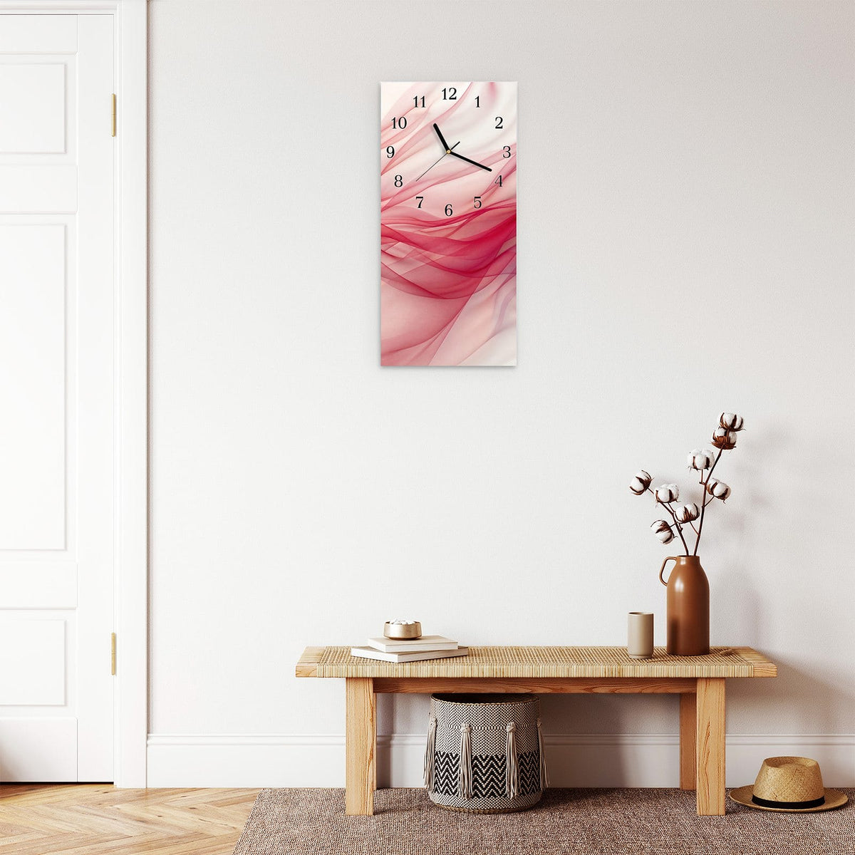 Moderne Wanduhr aus Glas mit Farbtiefe – Wanduhr Seidenschleier aus Glas – Hochformat 30 × 60 cm