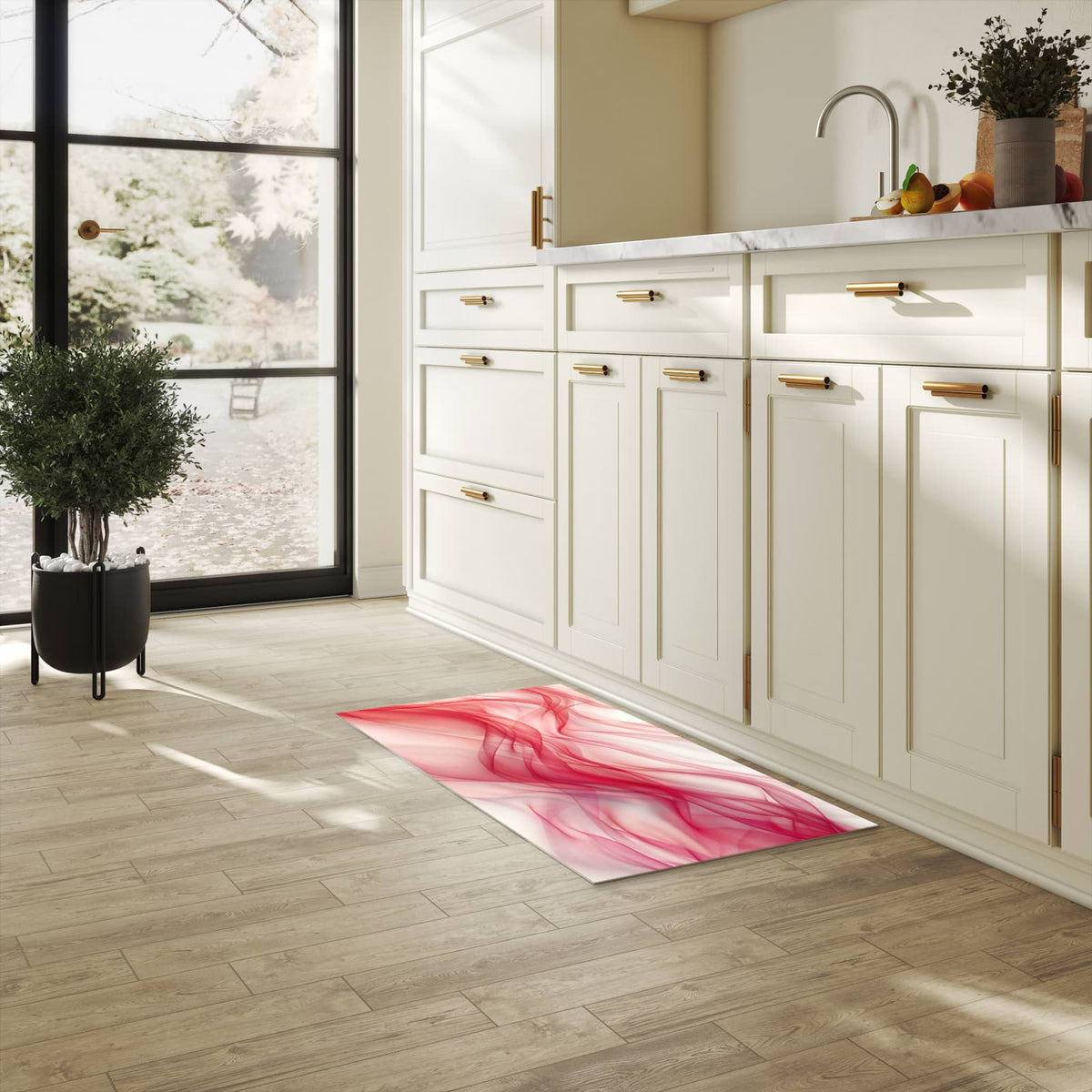 Bodenschonender Küchenteppich mit Motiv Seidenschleier in heller Küche