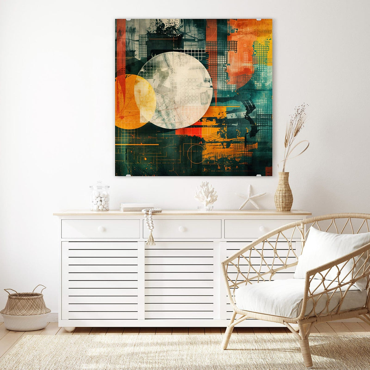 Glasbild Retro-Kreise in Orange an der Wand – Retro-Collage mit großem hellem Kreis, orangem Kreis, Rastern in Orange und Petrol