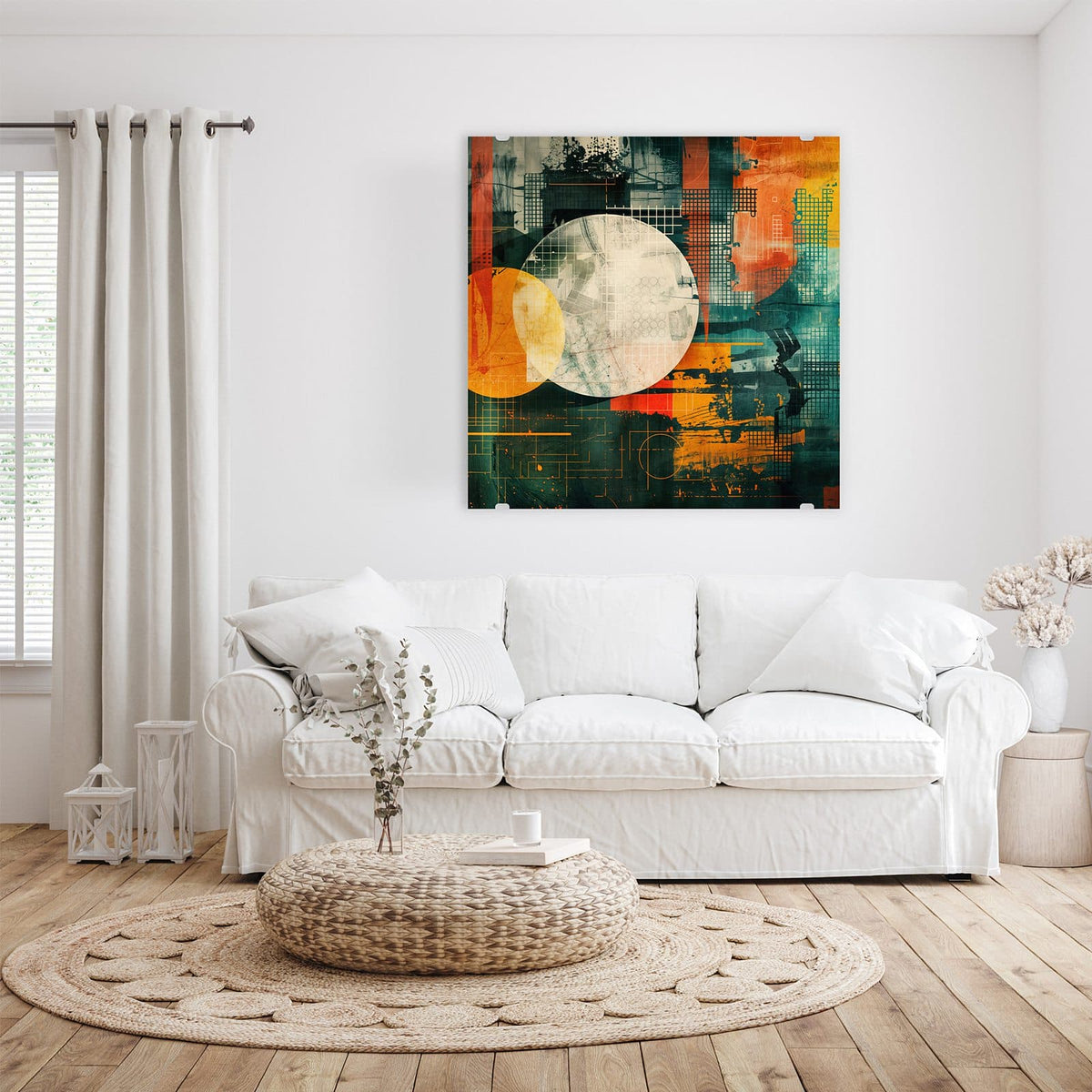 Glasbild Retro-Kreise in Orange an der Wand – Retro-Collage mit großem hellem Kreis, orangem Kreis, Rastern in Orange und Petrol