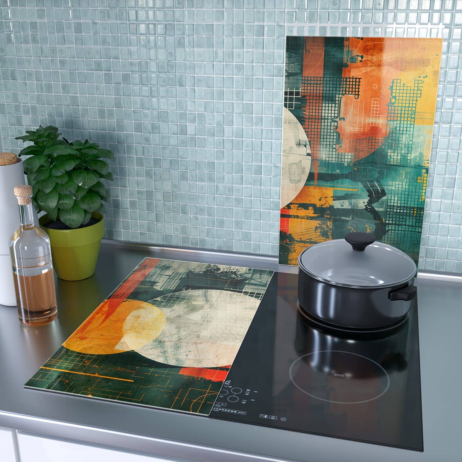 2-teilige Herdabdeckplatten aus Glas mit Bunte Geometrie Kunst-Motiv als Spritzschutz hinter dem Kochfeld