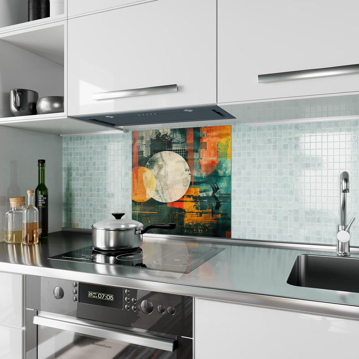 Küchenrückwand Retro-Kreise in Orange aus Glas – Retro-Kreise in Orange und Petrol