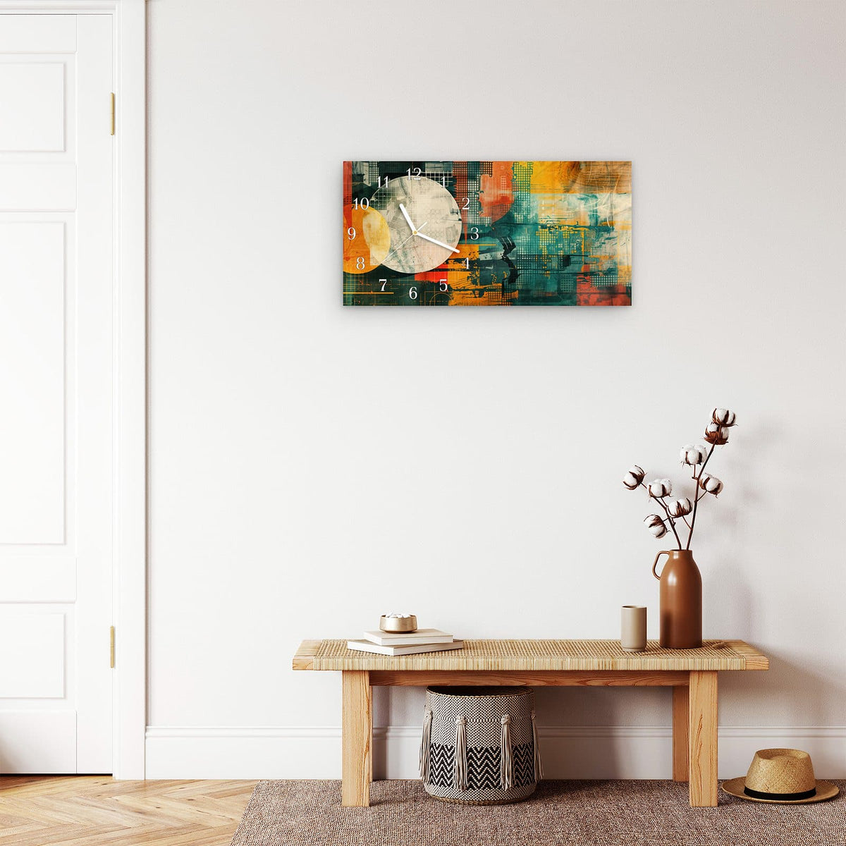 Moderne Wanduhr aus Glas mit Farbtiefe – Wanduhr Bunte Geometrie Kunst aus Glas – Querformat 60 × 30 cm