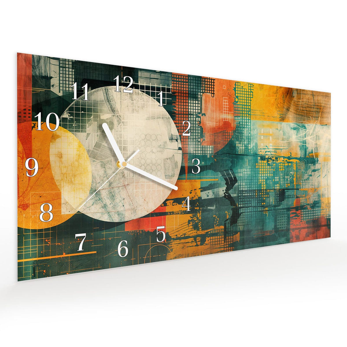 Vormontiert – mit Schwebeeffekt – Wanduhr Bunte Geometrie Kunst aus Glas – Querformat 60 × 30 cm