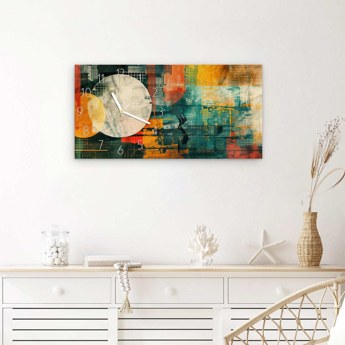 Wanduhr Bunte Geometrie Kunst aus Glas – Querformat 60 × 30 cm – Geometrische Formen in Gelb und Grün