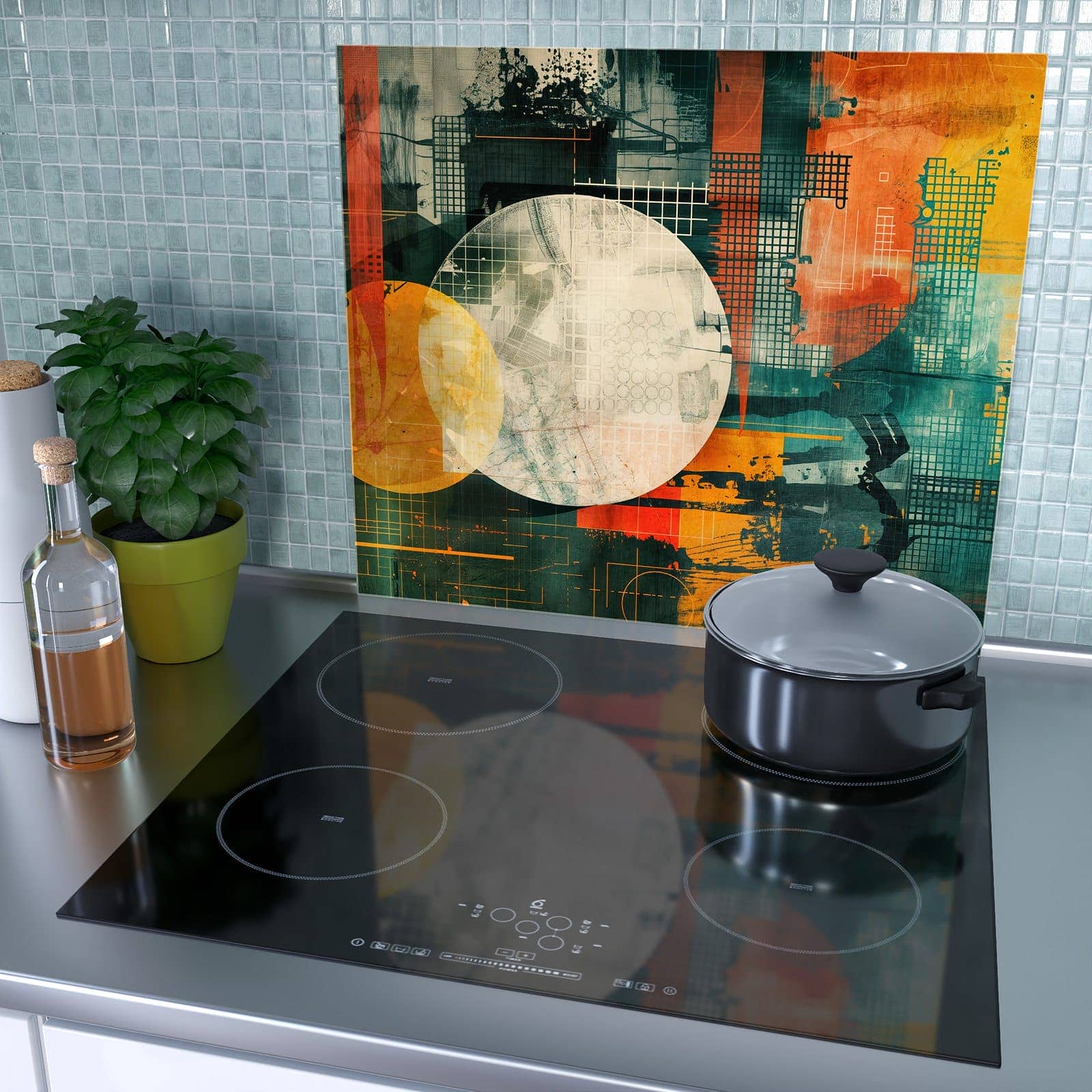 1-teilige Herdabdeckplatten für Ceranfeld mit Bunte Geometrie Kunst-Motiv als Spritzschutz hinter dem Kochfeld