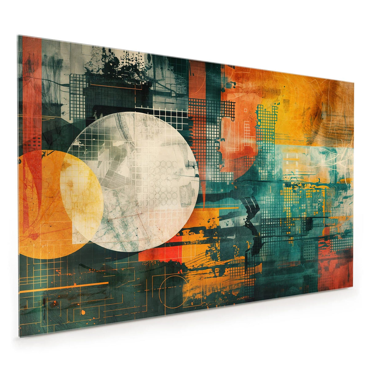 Küchenrückwand aus Glas im Hochformat: Retro-Collage mit großem hellem Kreis, orangem Kreis, Rastern in Orange und Petrol
