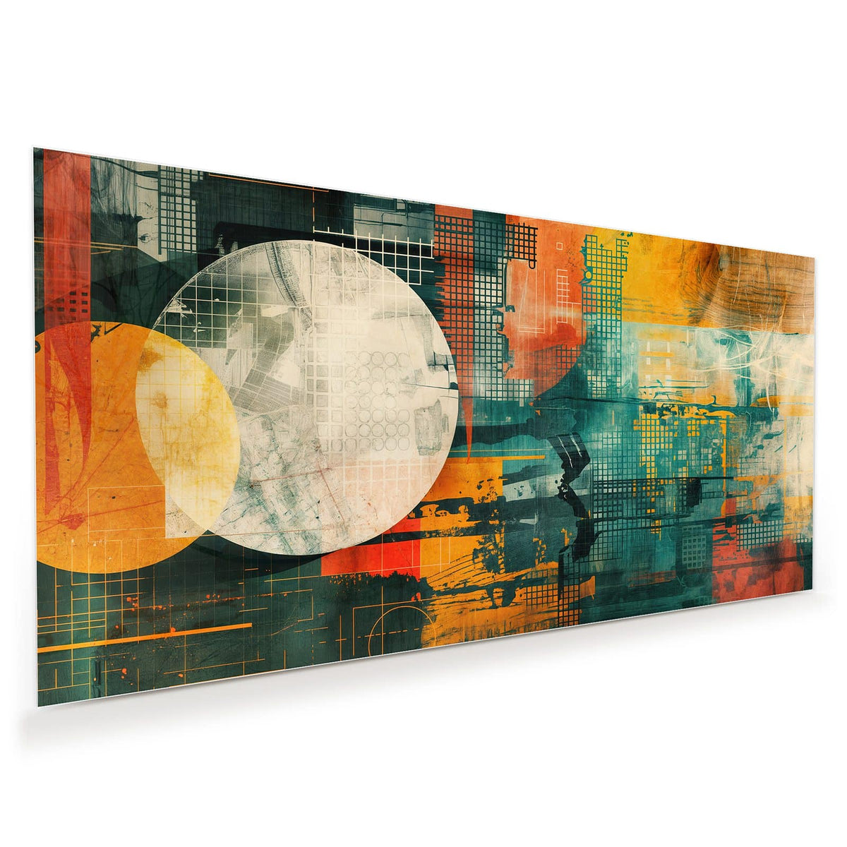 Retro-Collage mit großem hellem Kreis, orangem Kreis, Rastern in Orange und Petrol