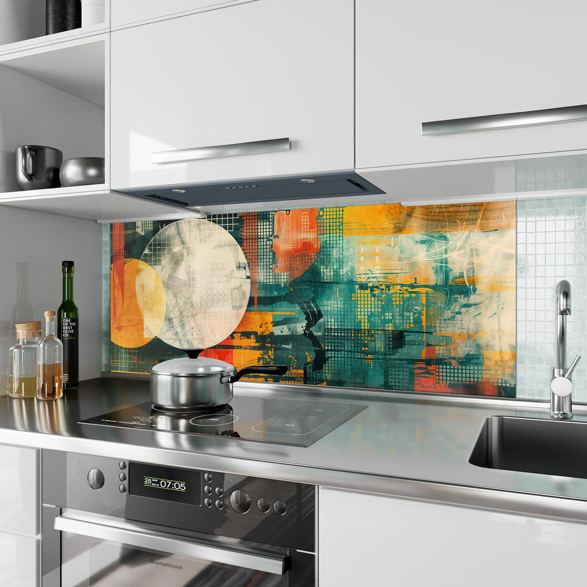 Küchenrückwand aus Glas Retro-Kreise in Orange im Hochformat als Spritzschutz hinter dem Kochfeld, über dem Fliesenspiegel montiert