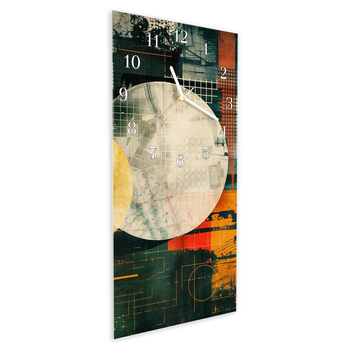 Vormontiert – mit Schwebeeffekt – Wanduhr Bunte Geometrie Kunst aus Glas – Hochformat 30 × 60 cm