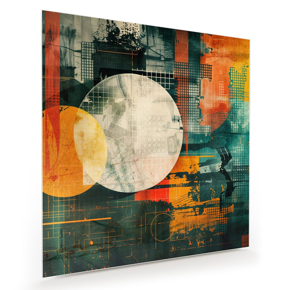 Retro-Collage mit großem hellem Kreis, orangem Kreis, Rastern in Orange und Petrol