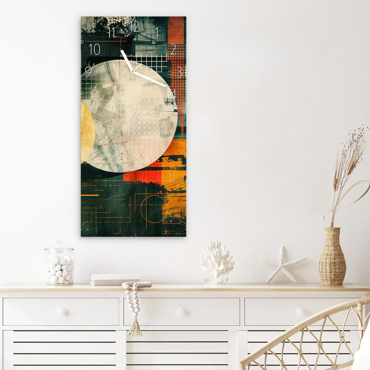 Wanduhr Bunte Geometrie Kunst aus Glas – Geometrische Formen in Gelb und Grün