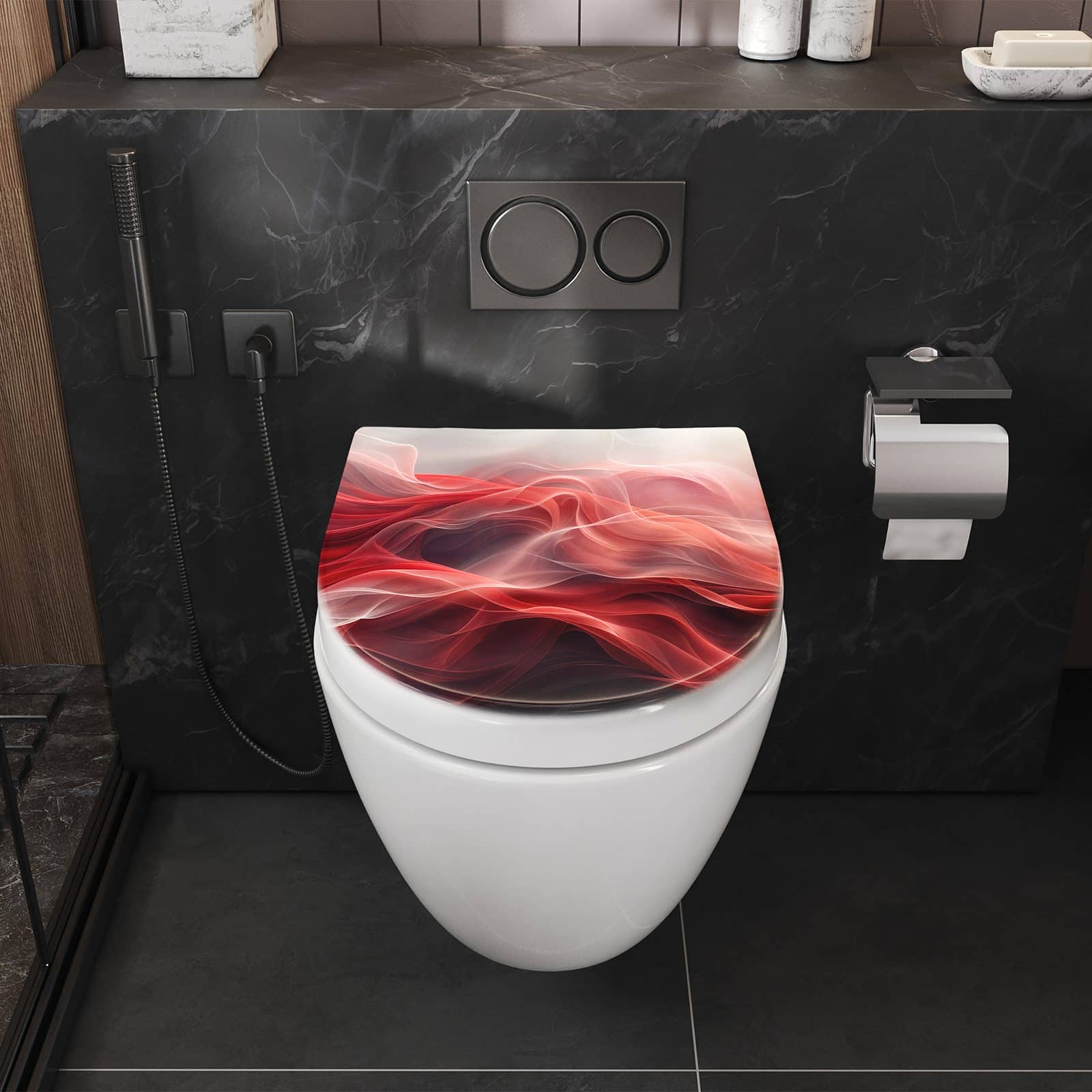 Softclose-WC-Sitz mit Motiv Abstrakte & Wellen und glatter Oberfläche in Badezimmer perspektive von vorne