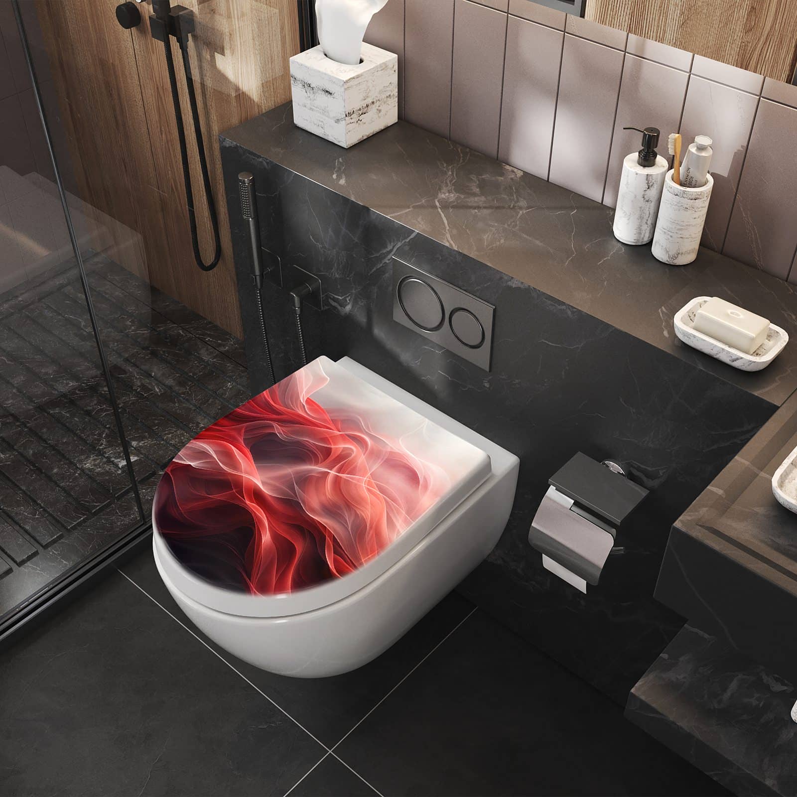 Klobrille mit Motiv Abstrakte & Wellen und Absenkautomatik im Badezimmer seitliche Perspektive