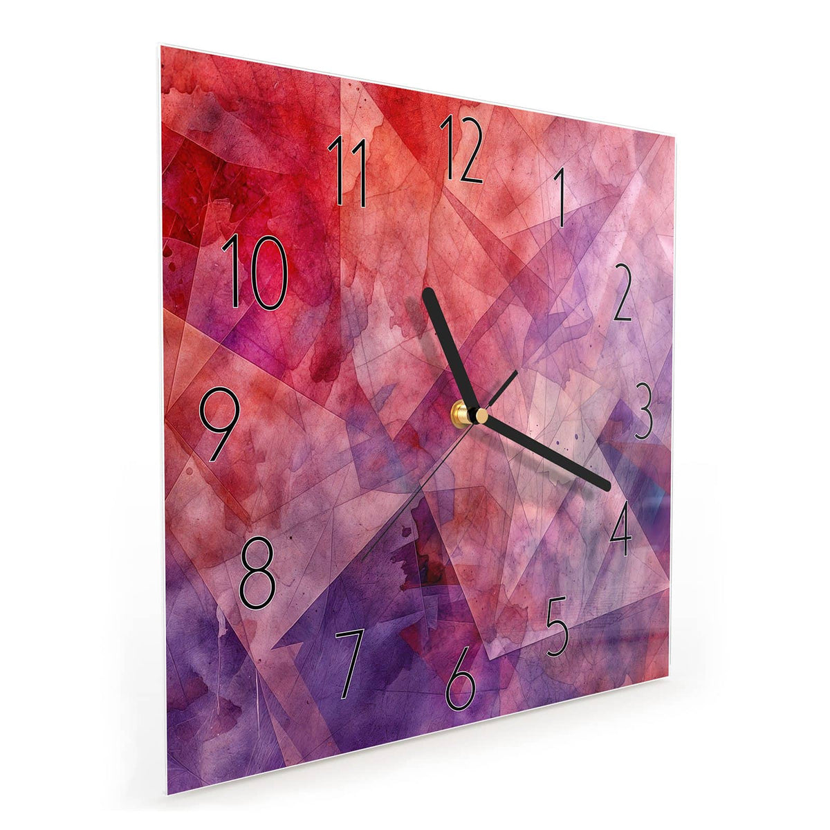 Quadratische Wanduhr aus Glas Rote Aquarellpolygone schräg von der Seite, 4 mm starkes Glas