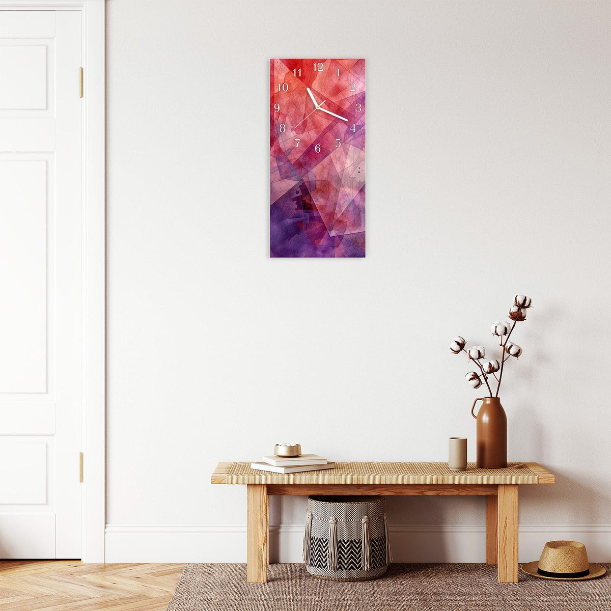 Moderne Wanduhr aus Glas mit Farbtiefe – Wanduhr Abstrakte Kunstform aus Glas – Hochformat 30 × 60 cm