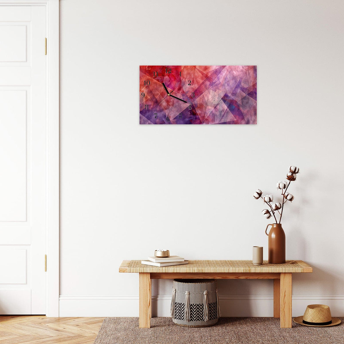 Moderne Wanduhr aus Glas mit Farbtiefe – Wanduhr Abstrakte Kunstform aus Glas – Querformat 60 × 30 cm