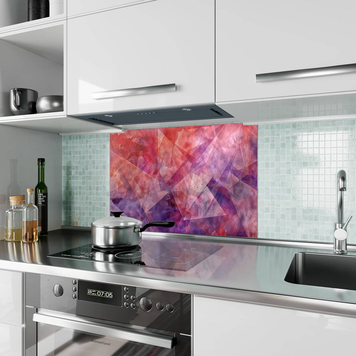 Küchenrückwand aus Glas Rote Aquarellpolygone im Hochformat als Spritzschutz hinter dem Kochfeld, über dem Fliesenspiegel montiert