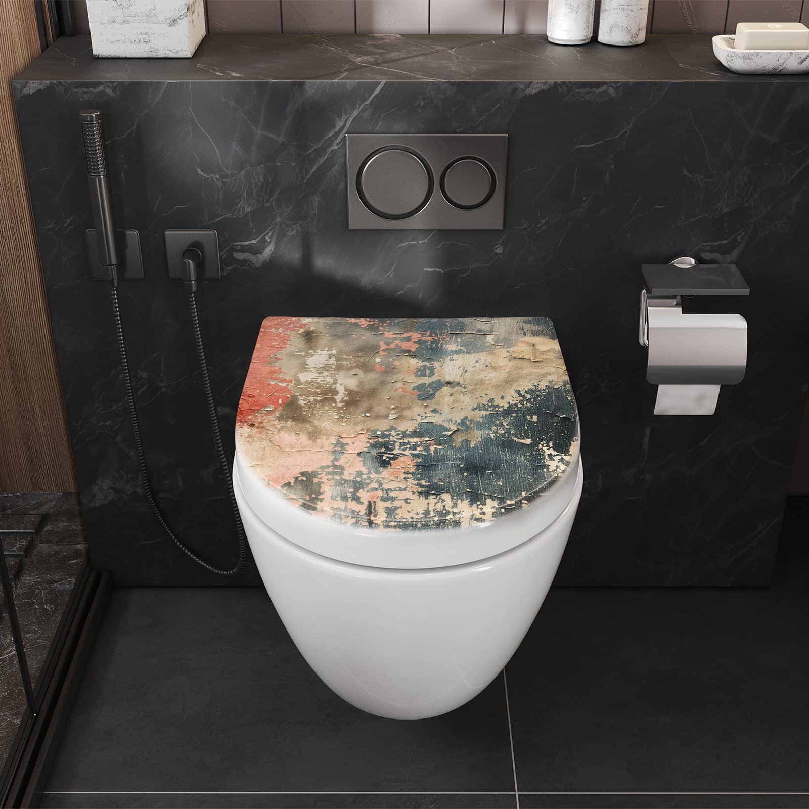Belastbarer WC-Sitz mit D-Form und Motiv Abblätternde & Farbe in Badezimmer perspektive von vorne