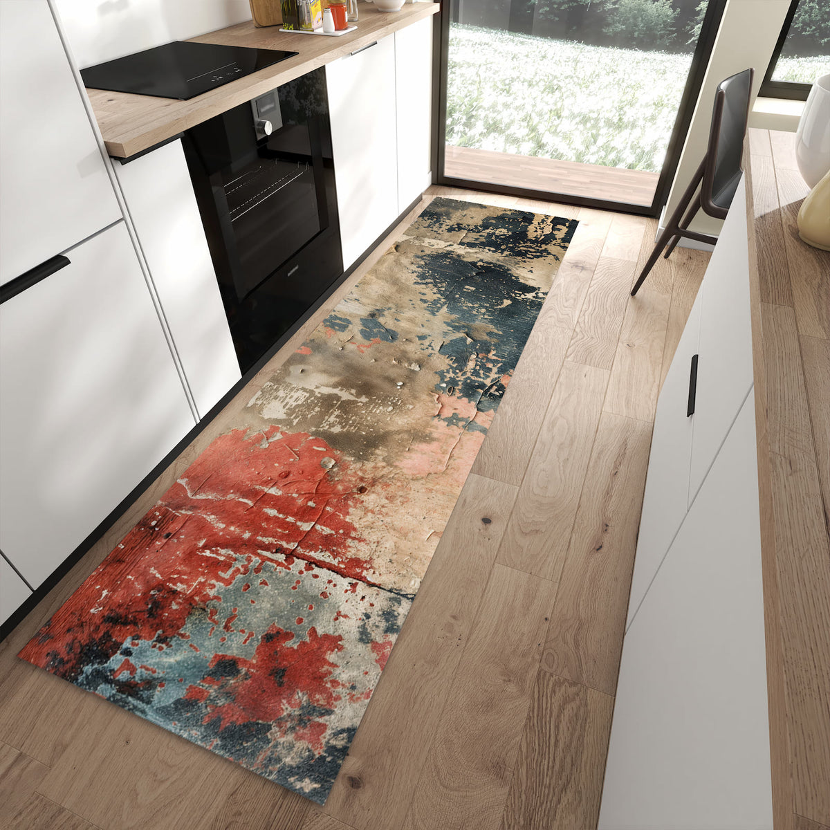 Ordnungsschaffender Küchenläufer mit Motiv Abblätternde Farbe in moderner Küche