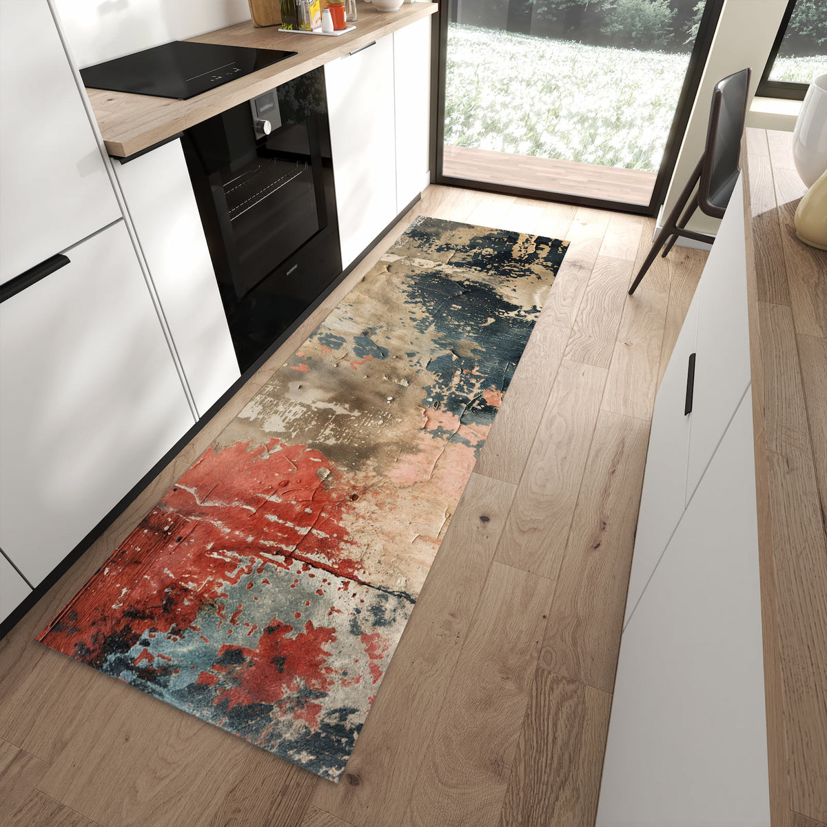 Bodenschonender rutschfester Küchenläufer mit Motiv Abblätternde Farbe in moderner Küche