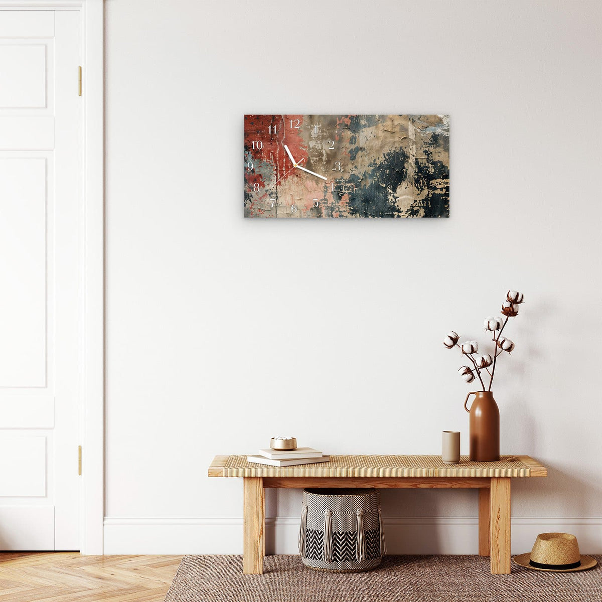 Moderne Wanduhr aus Glas mit Farbtiefe – Wanduhr Abblätternde & Farbe aus Glas – Querformat 60 × 30 cm