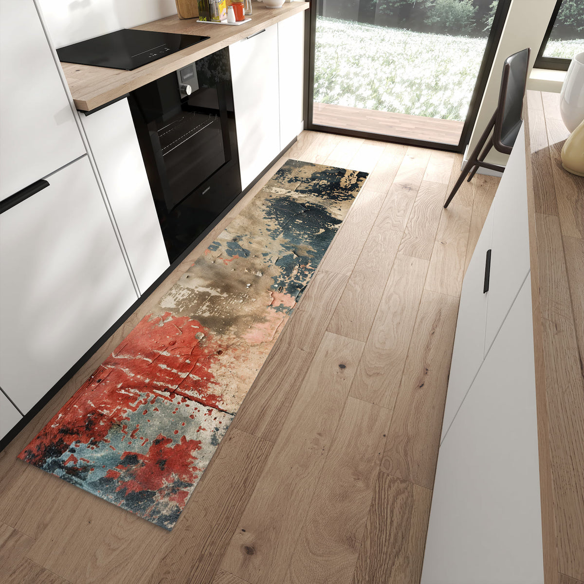 Strapazierfähiger Küchenläufer mit Motiv Abblätternde Farbe in moderner Küche