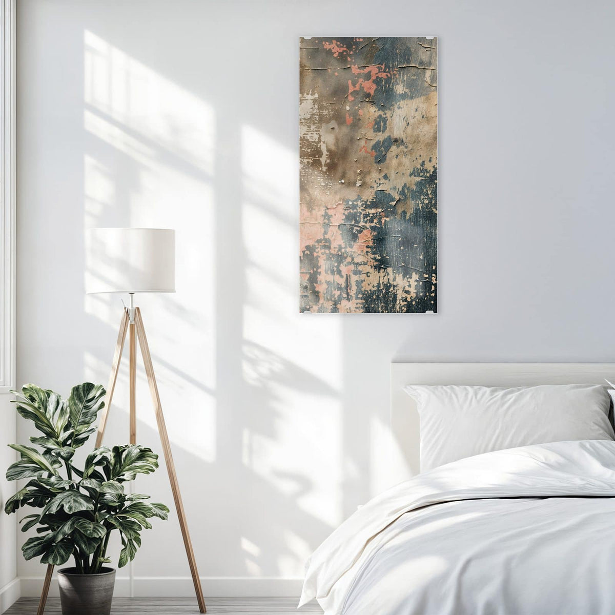 Glasbild Rissige Farbschichten an der Wand – abblätternde Farbschichten in Rot, Blaugrau und Beige auf rissigem Putz