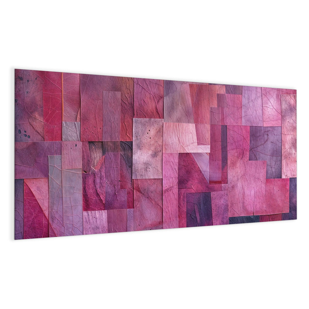 Collage aus überlappenden Rechtecken in Pink, Magenta und Burgunder, Blattadern nur als Textur