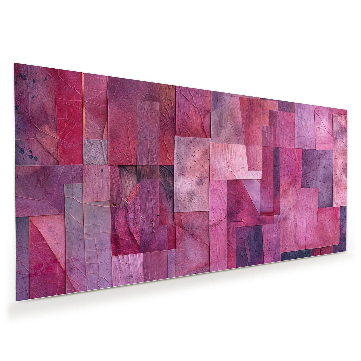 Collage aus überlappenden Rechtecken in Pink, Magenta und Burgunder, Blattadern nur als Textur