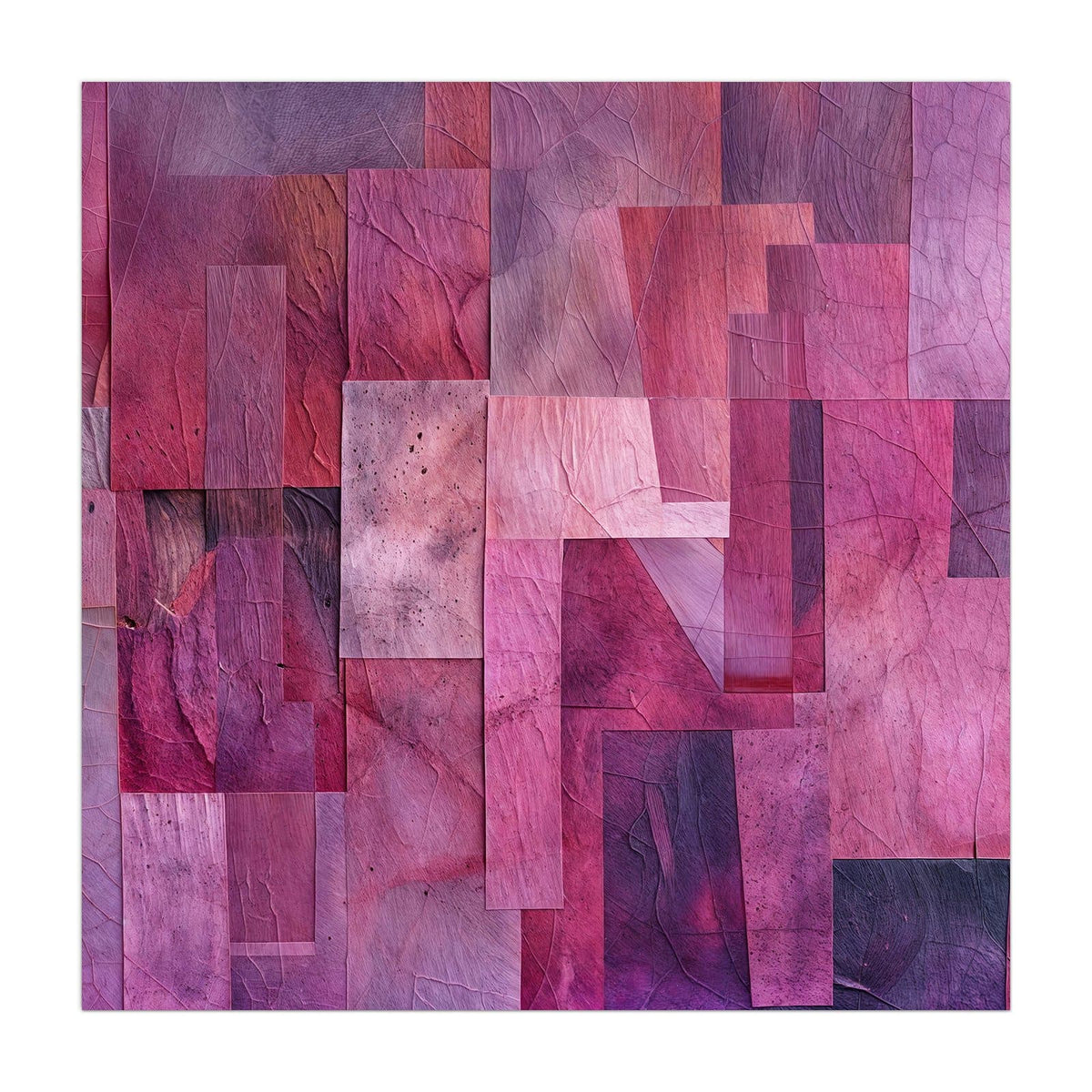 Collage aus überlappenden Rechtecken in Pink, Magenta und Burgunder, Blattadern nur als Textur