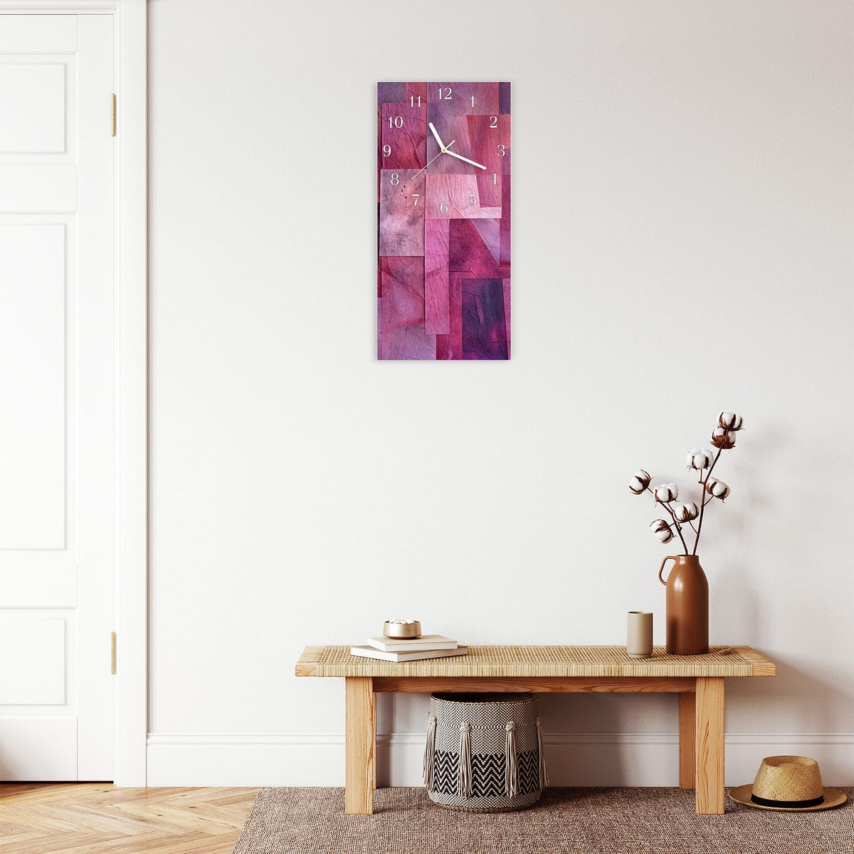 Moderne Wanduhr aus Glas mit Farbtiefe – Wanduhr Abstrakte Blaetter aus Glas – Hochformat 30 × 60 cm